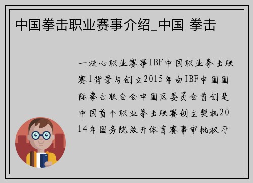 中国拳击职业赛事介绍_中国 拳击